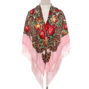 Pink floral fringe square scarf, traditional Russian ethnic style shawl wrap for women.