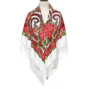 Stunning Russian ethnic floral fringe shawl scarf for women, elegant vintage winter design.
