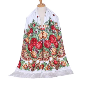 Retro floral print tassel shawl scarf detail view, elegant ethnic style accessory for women.