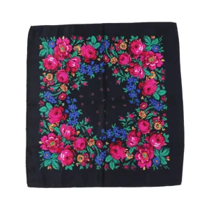 Traditionele vierkante hoofddoek met bloemenprint, zwarte katoenen halsomslag voor dames.