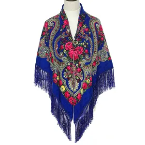 Ethnic floral print fringe shawl, retro blue Russian square scarf for women outer wear.