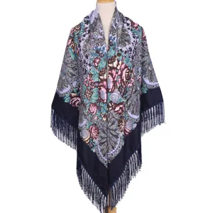 Retro floral printed large square shawl with tassels for women, perfect for parties.