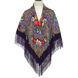 Russian style winter warm shawl scarf women ethnic floral print retro fringe square scarf detail