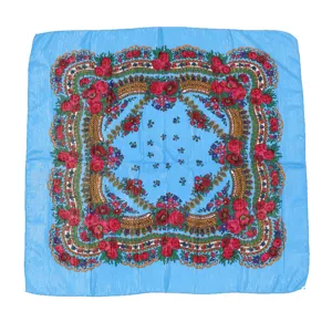 Blue floral square scarf with gold threads, vintage ethnic headscarf detail view and design.