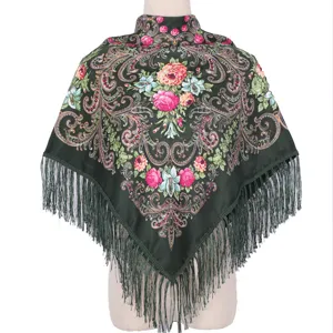 Detailed view of the dark green ethnic retro floral printed square scarf with delicate fringe.