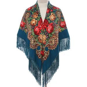 Women ethnic floral tassel shawl Russian style square scarf winter warm cotton headscarf