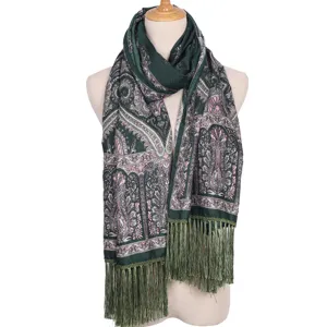 Women Boho Paisley Print Scarf Tassel Long Shawl Dark Green Vintage Fashion Wrap Soft