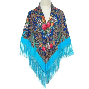 Detailed view of the ethnic floral fringe square shawl, showing traditional Russian pattern.