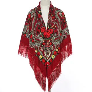Vintage ethnic floral print fringe shawl for women, classic retro design red winter scarf.