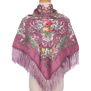 Women vintage floral print square scarf ethnic style tassel shawl warm winter wrap