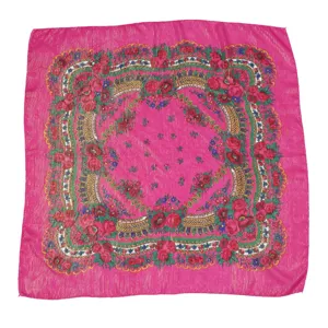 Close-up detail of vintage pink metallic gold silk headscarf with floral border design.
