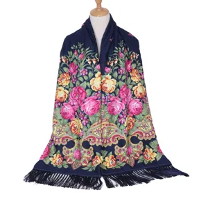 Retro ethnic floral print long shawl scarf with fringe, elegant dark blue design for women.
