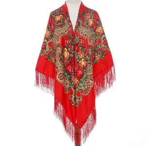 Ρωσικού στιl floral τυπωμένο vintage εθνοτικό κόκκινο γυναικείο μακρύ σάλι με κρόσια