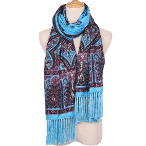Bohemian blue paisley printed scarf with fringe detail, elegant long shawl for women.