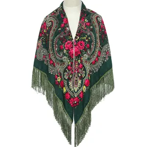 Vintage floral fringe shawl, dark green Russian style rose print wrap scarf for women.