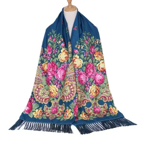 Vintage floral print fringe shawl bohemian long scarf for women elegant blue warm wrap