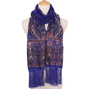 Ethnic paisley print tassel long scarf women bohemian shawl soft warm fashion blue accessory