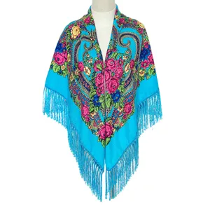 Ethnic floral print scarf with elegant fringe, vibrant blue retro shawl for women autumn winter.