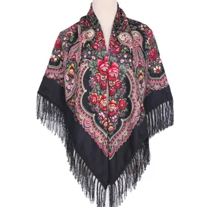 Women's Vintage Ethnic Floral Print Tassel Shawl Square Scarf Cotton Blend Keep Warm Daily Travel Accessories