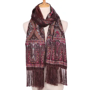 Boho floral print tassel long scarf for women warm stylish shawl fringe accessory.
