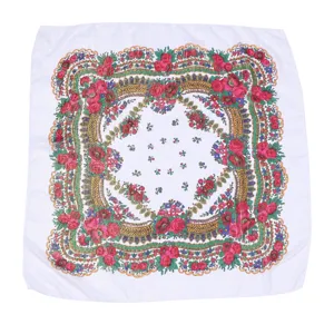 Retro ethnic style square scarf with metallic gold threads, lightweight floral head wrap for women.