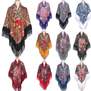 Women Retro Floral Print Shawl Scarf Large Square Tassels Evening Party Wrap Polyester Fashion Accessories
