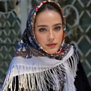 Ethnic vintage print women headscarf warm tassel shawl stylish fashion winter square scarf.