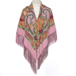 Pink floral vintage style fringe shawl, elegant traditional patterned womens square scarf.