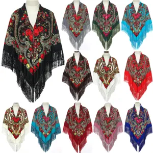 Ethnic Vintage Floral Print Tassel Shawl Women Large Square Scarf Traditional Russian Style Polyester Scarf