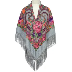 Vintage Russian floral print fringe shawl women large square scarf ethnic wrap winter warm