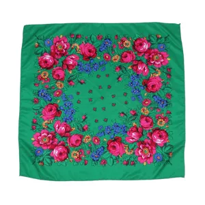 Russische stijl bloemen vierkante sjaal voor vrouwen, groene traditionele print hoofddoek.
