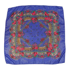 Retro floral gold silk square scarf, elegant ethnic head wrap for women and daily wear.