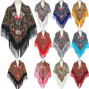 Vintage Ethnic Floral Print Tassel Square Scarf For Women Warm Winter Shawl Fashion Head Scarf