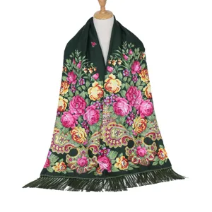 Dark green floral tassel shawl, vintage ethnic rose print wrap for women, warm winter scarf.