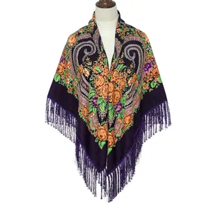 Ethnic style purple floral fringe shawl large square scarf autumn winter retro design