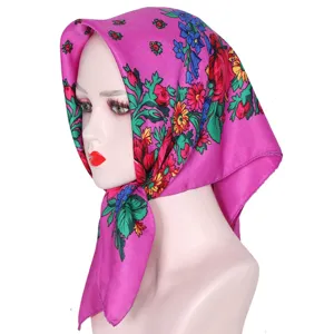Russian ethnic floral square scarf, 70x70cm cotton headscarf for women sun protection.