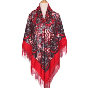 Vintage red floral printed large shawl scarf with fringe for women evening party wear.