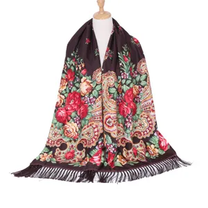 Retro floral fringe shawl winter warm scarf ethnic bohemian brown wrap for women