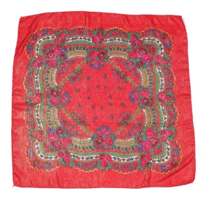 Detailed view of red metallic gold thread square scarf, vintage ethnic floral print design fabric.