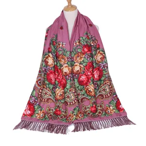 Vintage retro ethnic floral print tassel scarf for women, bohemian warm winter long shawl.