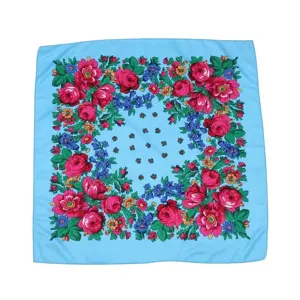 Etnische blauwe vierkante katoenen hoofddoek met traditioneel bloemenrozenpatroon.