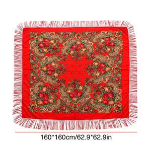 Pañuelo cuadrado floral de estilo ruso tradicional con flecos de borla elegantes, chal rojo de 160cm.
