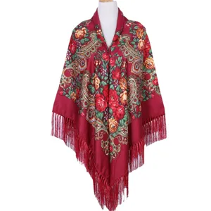Retro etnico estilo floral flecos chal mujeres vintage rojo panuelo elegante capa