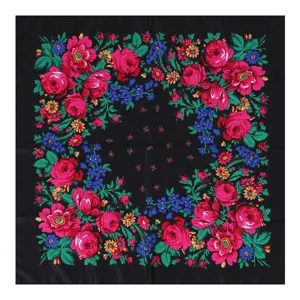 Classic Russian floral square scarf for women, black traditional print cotton headwrap.