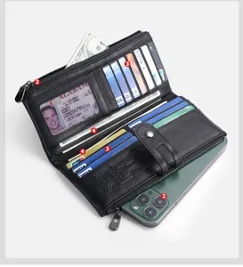 Men genuine leather long wallet multi card holder retro zip clutch purse with phone pocket