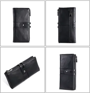 Men genuine leather long wallet multi-functional card holder vintage snap closure purse