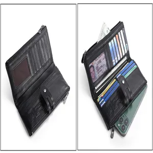 Close-up of genuine leather long wallet interior, multiple card slots, zip pocket, snap closure.