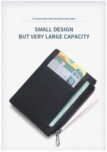 Slim black leather card holder with zipper pocket, multiple card slots for daily use.