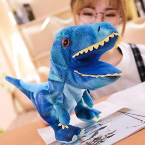 Blue dinosaur plush hand puppet cute animal toy for kids storytelling and kindergarten early education.