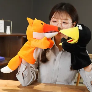 Cute fox and crow plush hand puppets for storytelling, early education and interactive play.
